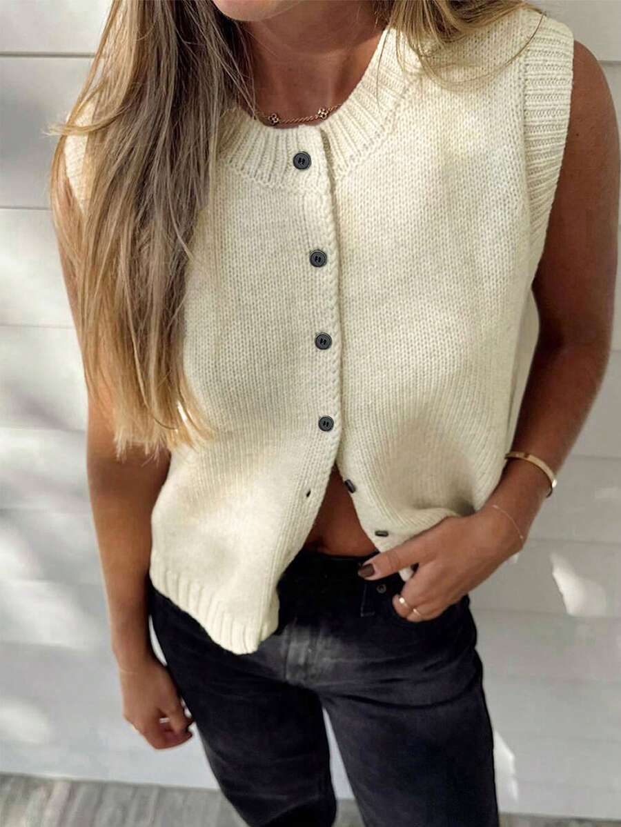 INAWLY Women's Solid Color Crew Neck Button Front Sleeveless Casual Knit Top - White - View 1