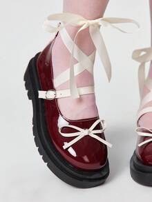 ROMWE Kawaii 女士时尚甜美蝴蝶结装饰系带平底鞋 - 酒紅拼色 - 查看 3