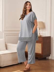 Rosumi Plus Size Striped Patchwork T-Shirt + Pants, 2 Pieces Set In Grey Versatile For Daily Use, Fashionable Commuting, Simple And Fashionable, Summer Outfits - Light Grey - View 1