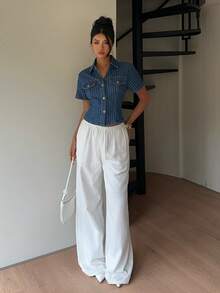 Siren Gaze 女士休闲条纹前开襟纽扣腰牛仔衬衫，夏季 - 中等水洗藍 - 查看 3