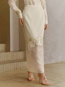 Anewsta 女士优雅时尚网纱拼接串珠半身裙 - 白色 - 查看 4