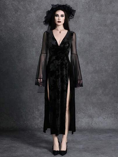 Glisette 性感黑色喇叭袖深V领高开衩丝绒中长连衣裙（女款）