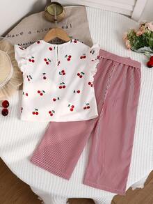 Emery Rose Kids Emery Rose Kids 两件套女童雪纺圆领樱桃印花荷叶边休闲T恤和条纹裤套装 - 紅白色 - 查看 5