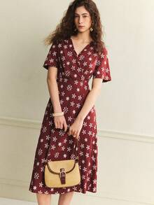 Écloséra French Dress Romantic Dress V-Neck Dress A Swing Dress Embroidered Dress Contrasting Dress Heavy Industry Dress Spring And Summer Dress - Brown - View 5