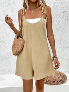 Breezaya Solid Color Washed Cotton Round Neck Beaded Jumpsuit - Khaki - View 6