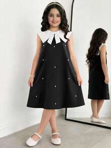 SHEIN 少女法式优雅学院风纯色撞色编织连衣裙，可爱水手领无袖宽松连衣裙，黑色，适合日常出行和返校穿着 - 黑色 - 查看 4