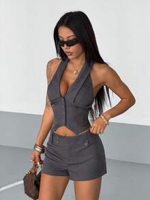 StreetHx 2pcs/Set Women Streetwear Sleeveless Backless Tie-Up Crop Top And Low Waist Shorts, Summer - Dark Grey - View 3
