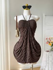 Comfortcana Plus Size Pleated Knit Jacquard Textured Backless Cami Dress, Casual Vacation Wear, Spring/Summer - Brown - View 3
