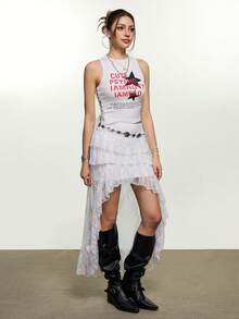 Rina Fox Women's Asymmetrical Design Lace Ruffled Y2K Mini Skirt, Sexy Denim Style, Suitable For Concerts, Parties, Spring/Summer - White - View 6