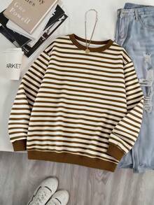 SHEIN 女士休闲条纹套头卫衣，时尚百搭，适合户外穿着、街头摄影、返校季、教师节等场合，常规圆领卫衣 - 彩色 - 查看 5