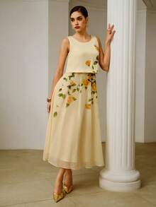 ZEYLAH Vestido de longitud media sin mangas con estampado floral de patchwork - Albaricoque - Ver 7