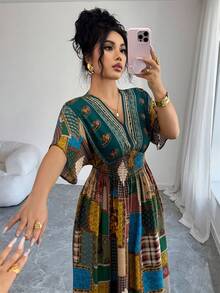 SHEIN Lacomfia Casual Conservative Floral Print Long Dress For Women - Green - View 3