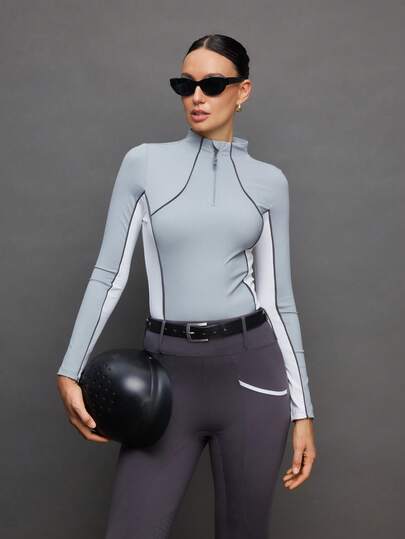 Activina Women's Contrast Color Shoulder Fitted Stand Collar Equestrian Jacket