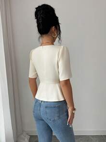 SHEIN Elenzya 女士夏季简约优雅方领纽扣装饰衬衫 - 杏色 - 查看 2