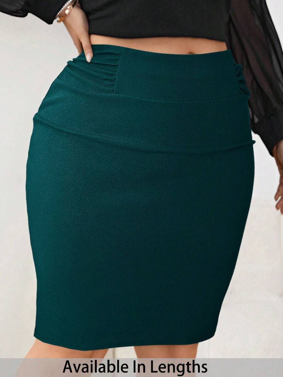 SHEIN Tall CURVE 大码女式夏季休闲/办公通勤纯色高腰褶裥修身铅笔裙 - 綠色 - 查看 1