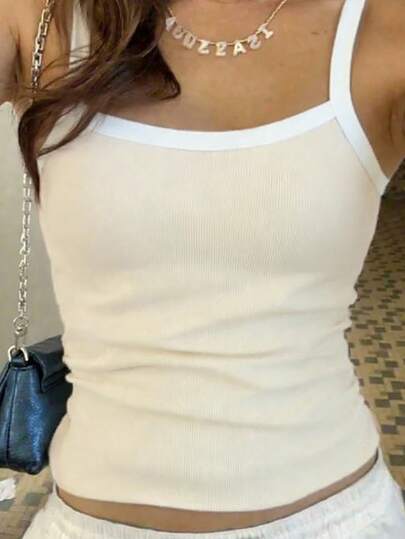 Tween Girls' Casual All-Match Versatile Camisole, Snug Fit Contrast Color Knit Camisole, Suitable For Casual Outings, Vacations And Various Occasions