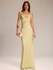 SHEIN BAE Spring/Summer Solid Yellow Satin Lace Slip Dress, Elegant Mermaid Silhouette Solid Yellow Dress Wedding Guest Dress Date Night Dress Everyday Wear Dress Graceful Dress - Yellow - View 1