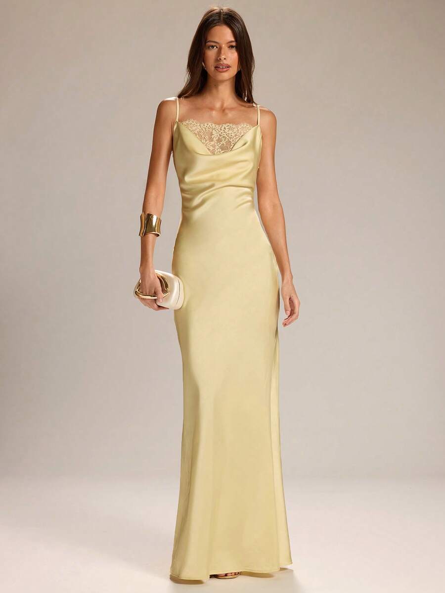 SHEIN BAE Spring/Summer Solid Yellow Satin Lace Slip Dress, Elegant Mermaid Silhouette Solid Yellow Dress Wedding Guest Dress Date Night Dress Everyday Wear Dress Graceful Dress - Yellow - View 1