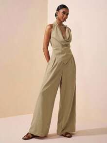 Zivah 春夏新款音乐节、复活节、圣帕特里克节、西部风、游牧风、生日派对、毕业典礼、学院风、学生装、日常休闲、百搭、休闲、邮轮旅行、海滩、日光浴、爆款、街头风、婚礼宾客波西米亚风、通勤、早午餐、机场穿搭 - 棕色纹理面料不对称打结尖领上衣，喇叭领上衣和阔腿裤套装，女士工作连体裤，女士工作服，高个女装，女士职业装，女士工作套装 - 彩色 - 查看 4