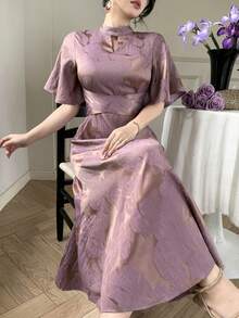 DAZY Elegant V-Neck Printed Long Dress, Slimming & Chic Goddess Style - Purple - View 4