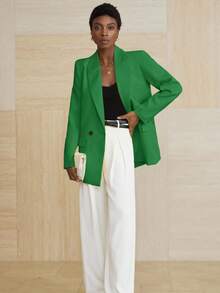 Aveloria Modichic Women's Business Style Solid Color Double-Breasted Blazer Jacket For Commuting, Autumn  - Green - View 5