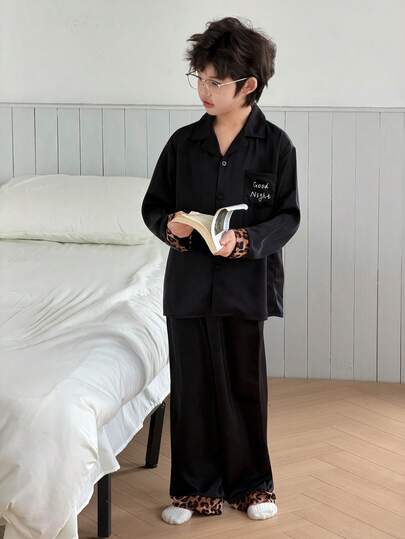 DAZY Tween Boys' Colorblock Leopard Print Collar Loungewear