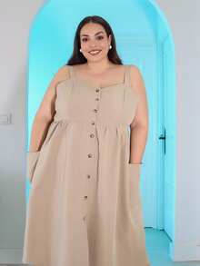 Pretty and Ole Robe simple de poche quotidienne unicolore pour femmes de grande taille - Kaki - Voir 5