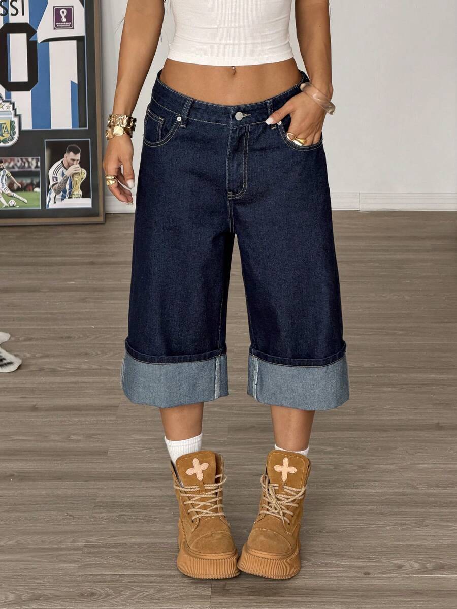 Muchica Women's Loose Fit Pocket Flare Cropped Jeans - Dark Wash - View 1