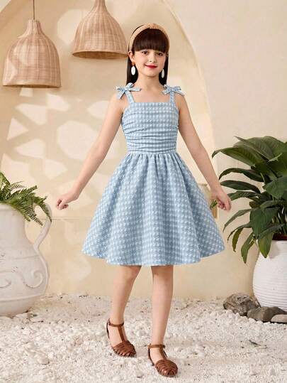 Tween Girls' Blue Plaid Textured Fabric Comfortable Summer Outdoor Party School Bowknot Strap Pleated Elegant Puff Butterfly Dress