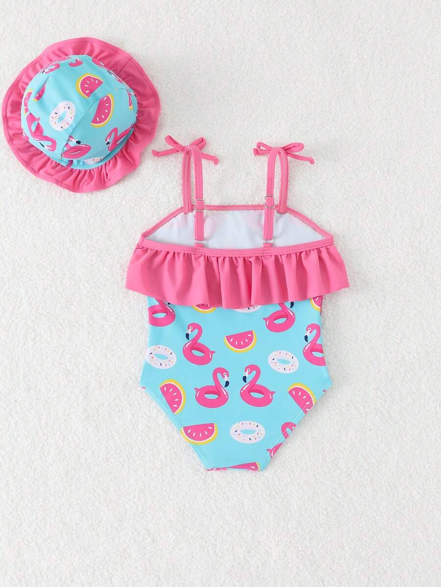 Vintaside Kids 2026 Spring/Summer New Fashion Baby Girl Comfortable Elastic Pink Ruffle Patchwork Cute Flamingo Print One-Piece Swimsuit With Bowknot 3D Decor And Swim Cap, Suitable For Summer Vacation Swimming - Pink - View 1
