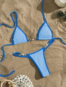 Swim Vcay Swimsuits For Woman Summer Beach Rib Binding Trim Halter Micro Triangle Bikini Blue Bikini Set Vacation Bikini Set Blue Bathing Suits - Blue - View 2