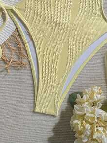 Soleia 女士橄榄绿针织提花纹理V领露背挂脖连体泳衣，海滩度假 - 黃色 - 查看 6