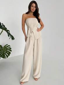 Firerie 女士优雅简约时尚通勤都市风休闲度假新款腰带抹胸上衣搭配高腰阔腿裤卡其色两件套，春夏款 - 卡其色 - 查看 11