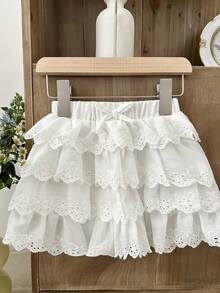 SHEIN LMoss Kids Young Girls' French Elegant Cotton Embroidered Cake Skirt Shorts - White - View 4