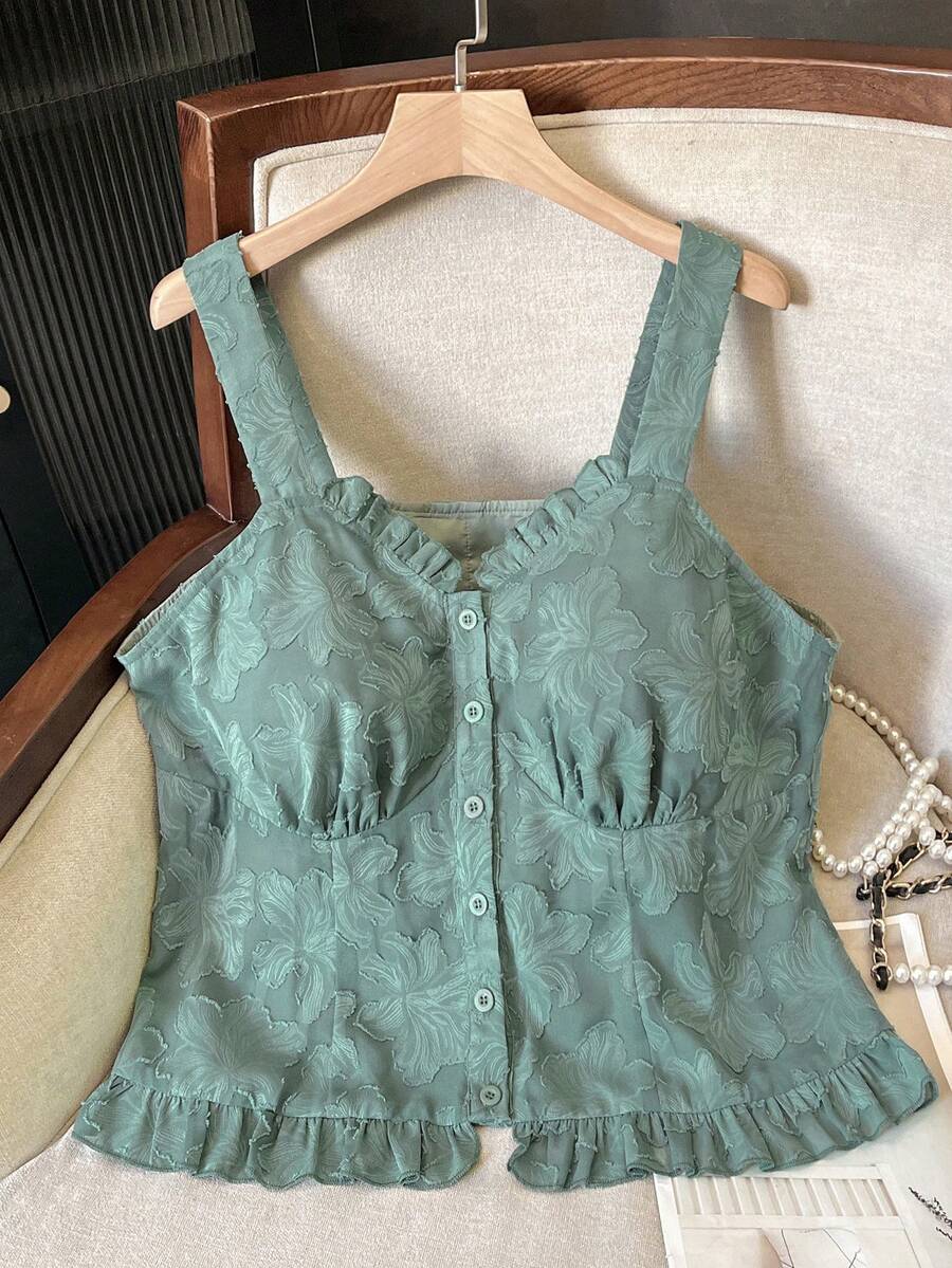 SHEIN Lacomfia Áo camisole nữ cỡ lớn thanh lịch, thời trang, sang trọng với họa tiết jacquard và viền bèo nhún. - màu xanh lá - Xem 1