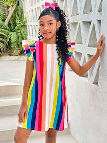 Tween Girls' Vacation Casual Fashion Woven Colorful Striped Round Neck Short Sleeve Dress - Multicolor - View 1