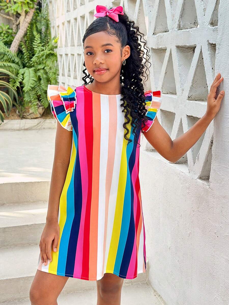 Tween Girls' Vacation Casual Fashion Woven Colorful Striped Round Neck Short Sleeve Dress - Multicolor - View 1