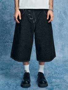 ROMWE MEN Street Life Men's Denim Oblique Placket Snap Button Shorts - Black - View 3