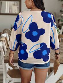 Weeklong Blusa de manga farol con cuello en V para vacaciones, estampado floral, talla grande para mujer - Multicolor - Ver 2