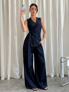 Siren Gaze Women's Criss-Cross V-Neck Tie Waist Vest And Wide Leg Jeans Set - Dark Wash - View 2