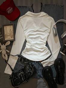 Attitoon Women's Casual Fashion, College Style Badge & Number 23 Print Turndown Collar Long Sleeve T-Shirt, Tight Fit Autumn/Winter Undershirt, White Top, White T-Shirt - White - View 2