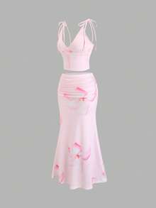 Sweetra Women's Pink Floral Print High Elasticity Deep V-Neck Camisole Tie-Up Fitted Low Waist Sexy Sweet Romantic Beach Vacation 2-Piece Set - Pink - View 3