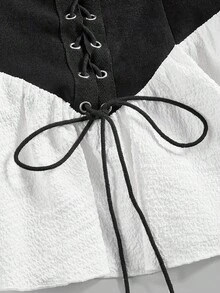 SHEIN MOD Plus Size Hollow Out Flared Sleeve Contrast Tie Corset Waist Vintage Blouse, Fall Top - Black and White - View 5