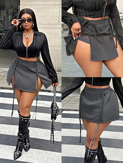 Maweii Plus Size Women's Sexy Short Tie-Front Slit Hem Inelastic Streetwear Shorts