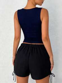 DAZY Atasan Wanita Polos Leher Bulat Pas Badan Kasual Sehari-hari Atasan Pendek Wanita - Navy Blue - View 5