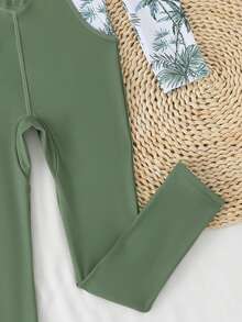 SHEIN 少女连体泳衣，绿色棕榈叶针织面料，长袖，拉链连体裤，时尚休闲优雅女士款，适合游泳、夏季度假、海滩、泳池、节日派对等场合。 - 綠色 - 查看 5