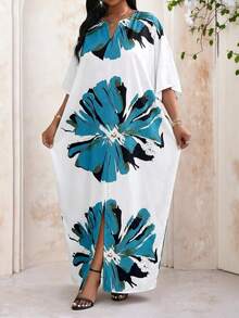 Fleurora Plus Size Casual Floral Print V-Neck Batwing Sleeve Maxi Dress,Women's White Summer Boho Flowy Vacation Holiday Beach Caftan,Tropical Resort Outfits - Multicolor - View 5