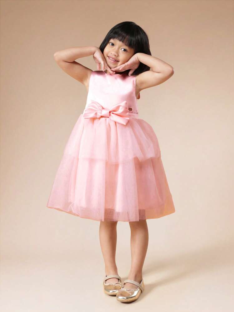 Sleeveless Organza Layered Dress With Bow Detail