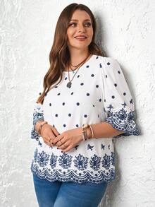EMERY ROSE Plus Size Women's Elegant Embroidered Ruffle Sleeve Round Neck White Blouse,Casual Summer Autumn Tops For Bachelorette Party And Tea Party - White - View 7