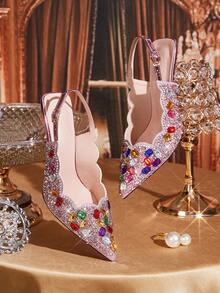 CUCCOO TILAWA Fashionable High Heels Designed For Women, Elegant Pointed Toe Style, Sexy Stiletto Heel Suitable For All Seasons, Shallow Backless With Rhinestone Decor Suitable For Various Stylish Outfits - Pink - View 1